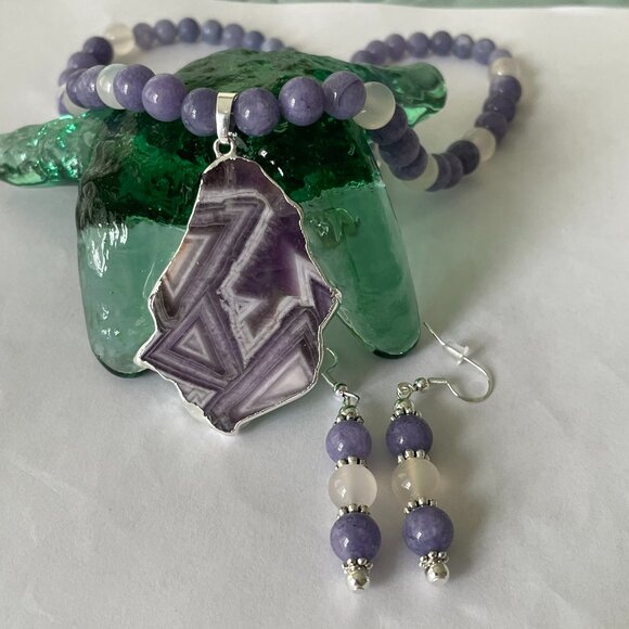 Amethyst Pendant Aquamarine and Agate Beads Necklace and Pierced Earring… - Picture 1 of 7